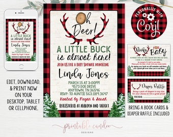 Lumberjack Baby Shower Invitation Deer Woodland Baby Shower Invitation Rustic Buffalo Plaid Instant Download Template