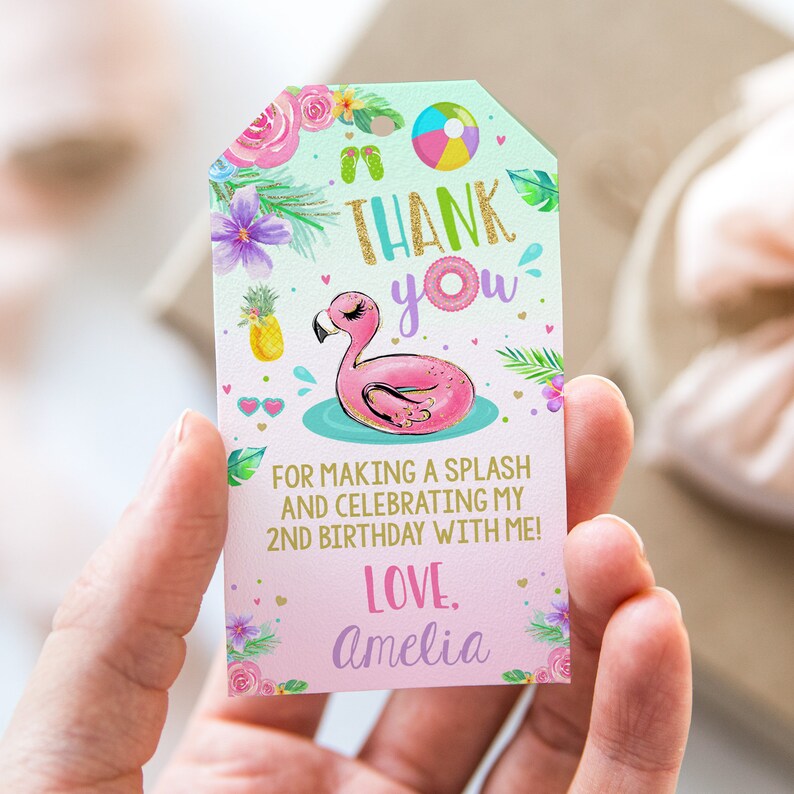 Flamingo Pool Party Favor Tags Editable Girl Birthday Tropical Summer ...