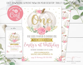 May include: A printable invitation for a first birthday party with a pumpkin theme. The invitation features a white pumpkin with gold glitter lettering that says "One". The pumpkin is surrounded by pink flowers and green leaves. The text on the invitation reads "Our little pumpkin is turning one. Please join us to celebrate Emily's 1st Birthday. Saturday, November 6th at 5:00pm. Emily's Pumpkin Patch, 5832 Fall Lane, Autumnville, TN. rsvp: to Mommy 231-543-6412."