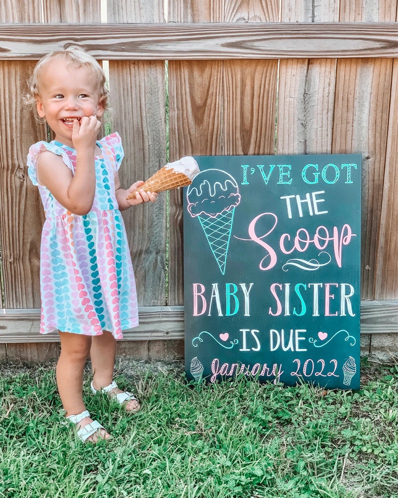 Ice cream Big Sister Pregnancy Announcement Summer Got the scoop Pink Blue Photoshoot Prop Promoted Sign Chalkboard Printable File image 10