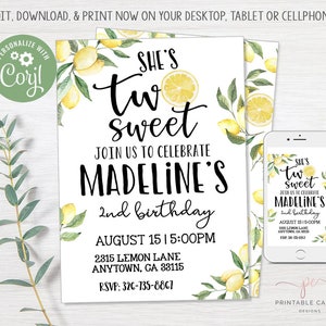 Lemon 2nd Birthday Invitation Template Lemonade Printable Rustic Watercolor Lemons Summer Birthday Party Invite Editable