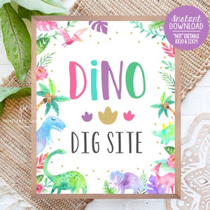 Dinosaur Dig Site sign Girl Dino Birthday Table Candy Bar Games Decor Printable Instant Download DGGPT