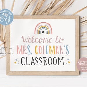 Editable Teacher Name Sign Template Classroom Decor Neutral Rainbow Class Printables Welcome To The Classroom Digital Download
