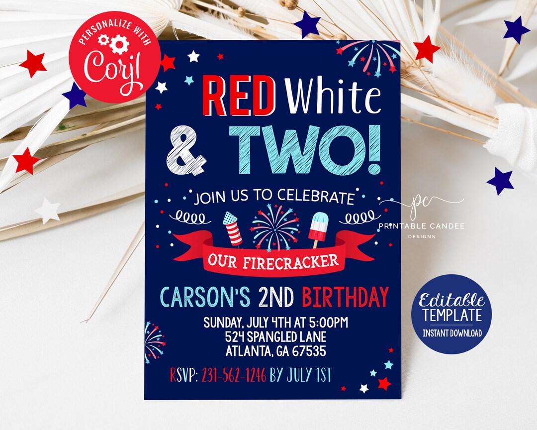 4th of July 2nd Birthday Invitation Red White and Two Firecracker ...