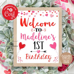 Valentine Welcome Sign Sweetheart Birthday Decor Heart Party Door Printables Cute Sweet Red Pink Valentine&#39;s Day Template CSVDT