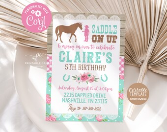 May include: A printable party invitation with a pink and turquoise color scheme. The invitation features a brown horse, a cowboy, and a horseshoe. The text on the invitation reads "Saddle On Up & mosey on over to celebrate Claire's 5th Birthday".