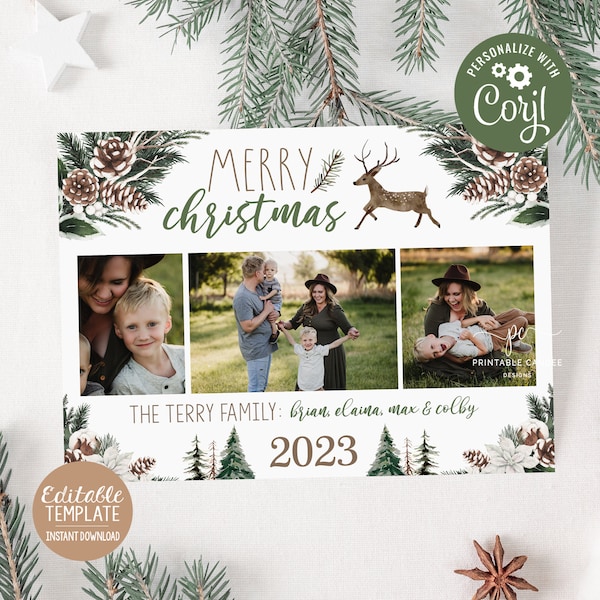 Editable Christmas Card Template Deer Pine Photo Card Antler Green Holiday Theme Digital Printable File