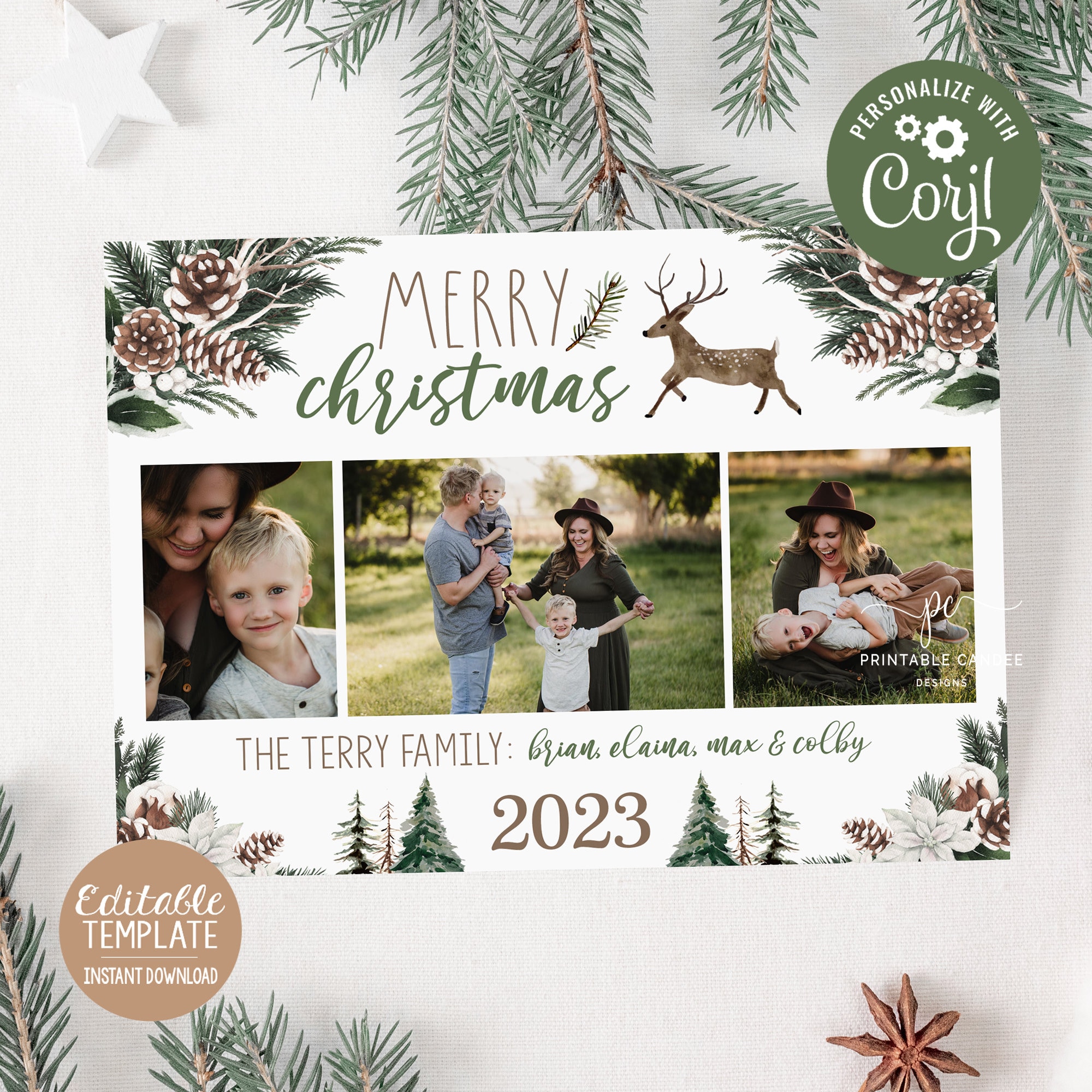 editable-christmas-card-template-deer-pine-photo-card-antler-green-holiday-theme-digital-printable-file-etsy