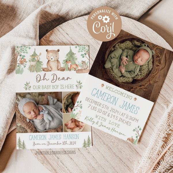Plantilla de anuncio de nacimiento de Woodland Boy Deer Editable Baby Newborn Card Plantilla de fotografía Descarga instantánea