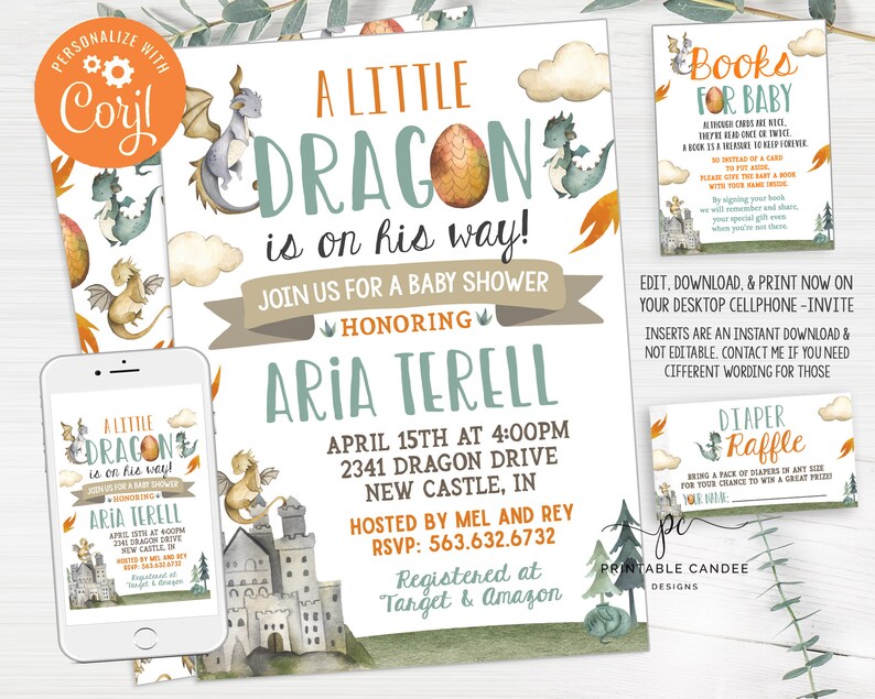 Editable Dragon Baby Shower Invitation Dragons Theme It's - Etsy