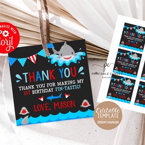Bearbeitbare Hai Favor Tags Rot Blau Haie Party Dekor Pool Thema Geschenk Favors Goodie Bag Vorlage Druckbare Datei