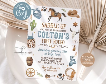 Editable Cowboy Birthday Invitation Blue 1st Rodeo Party Invite Wild West Theme Ranch Template Printable Instant Download