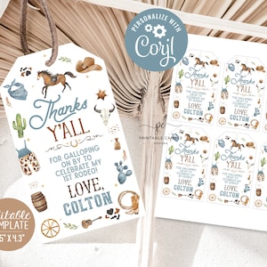 Cowboy Favor Tags 1st Rodeo Birthday Theme Wild West Party Favors Blue Ranch Decor Printables Instant Download