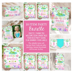 Peut inclure: Un lot de 10 articles pour une fête sur le thème des dinosaures au bord de la piscine. Le lot comprend une invitation, une carte de remerciement, une pancarte de bienvenue, des étiquettes de faveur, quatre pancartes de fête de 20x25 cm, une bannière de drapeaux et des étiquettes alimentaires. Le thème présente un dinosaure vert avec un flotteur de piscine et des accents aquarelle rose et vert.
