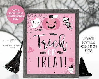 Halloween Trick or Treat Sign Costume Party Decor Girl Theme Pink Spooktacular Instant Download Printable