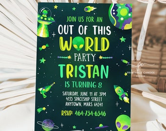 Editable Alien Galaxy Birthday Invitation Aliens Space Out of this World Neon Green Party Theme Template Printable SPANT