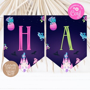 May include: Editable printable banner with the letters "HA" in pink and green. The background is a dark purple with stars, dragons, and castles. The text "Personalize with Coryl" is in a pink circle with a gear icon.