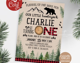 May include: A printable invitation for a first birthday party with a lumberjack theme. The invitation features a red and black plaid pattern, a cartoon bear, and the text "Flannel Up For Some Fun Our Little Lumberjack Charlie Is Turning One".