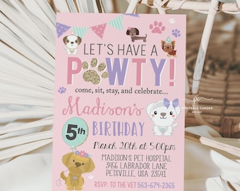 Puppy Party Invitation Template Pink Dog Pawty Birthday Invite Printable PPDT