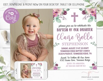 Baptism Invitation Editable Template Purple Floral Printable Christening Invite Girl Dedication Photo Card Instant Download