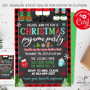 May include: A red and black plaid invitation with a chalkboard background. The invitation is for a Christmas pajama party. The text on the invitation reads "Please join us for a Christmas pajama party, bundle up for some festive fun! December 7th, 2021 at 6:00 pm, The Wilson's Home, 5632 Cocoa Avenue, The North Pole, CA, RSVP: To Mrs. Claus at 563-689-3257, Wear your favorite pajamas!"