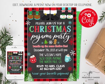 May include: A red and black plaid invitation with a chalkboard background. The invitation is for a Christmas pajama party. The text on the invitation reads "Please join us for a Christmas pajama party, bundle up for some festive fun! December 7th, 2021 at 6:00 pm, The Wilson's Home, 5632 Cocoa Avenue, The North Pole, CA, RSVP: To Mrs. Claus at 563-689-3257, Wear your favorite pajamas!"