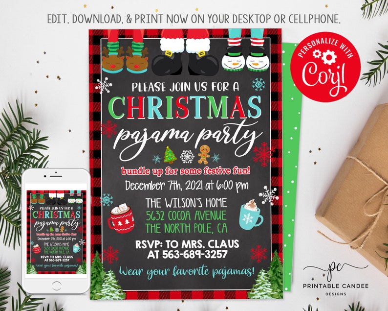 May include: A red and black plaid invitation with a chalkboard background. The invitation is for a Christmas pajama party. The text on the invitation reads "Please join us for a Christmas pajama party, bundle up for some festive fun! December 7th, 2021 at 6:00 pm, The Wilson's Home, 5632 Cocoa Avenue, The North Pole, CA, RSVP: To Mrs. Claus at 563-689-3257, Wear your favorite pajamas!"