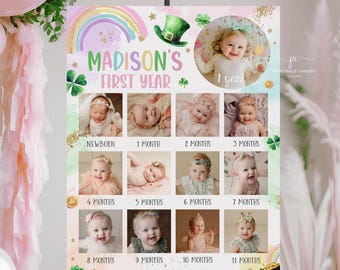 St. Patrick's Day Baby's First Year Poster Template Lucky Rainbow Editable Year In Pictures Board Birthday Photo Collage Sign SPDP