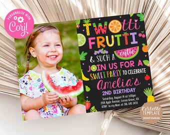 May include: A colorful invitation for a 2nd birthday party with a fruit theme. The invitation features a photo of a child holding a watermelon, and the text "Twotti Frutti & Such A Cutie. Join Us For A Sweet Party To Celebrate Amelia's 2nd Birthday".