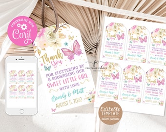 Editable Butterfly Baby Shower Favor tags Pink Purple Aqua Gold Garden Tea Party Theme Template Thank you Gift Tags Printable