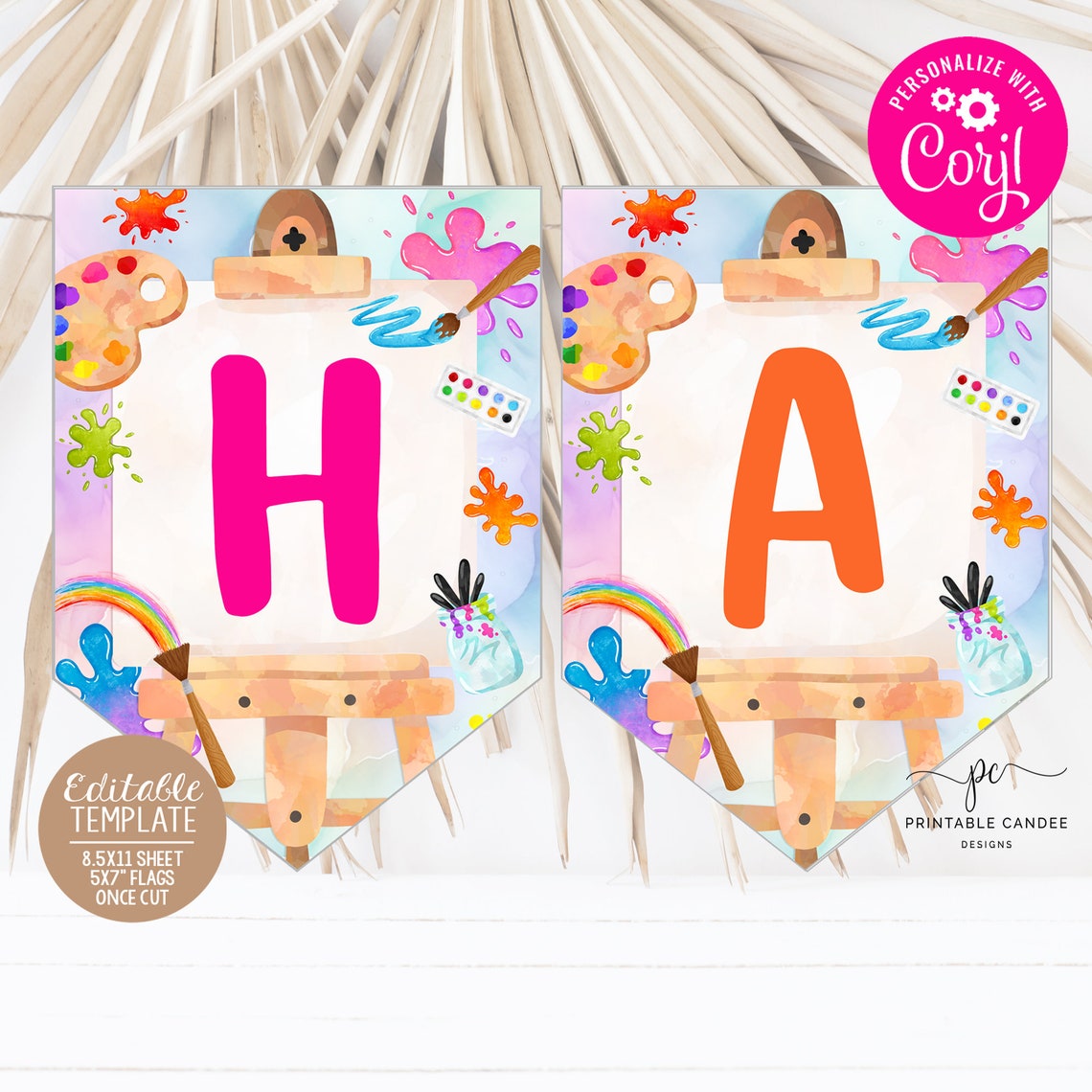 Editable Party Flags Art Birthday Party Flags Template Painting Party Decor Rainbow Artist ...