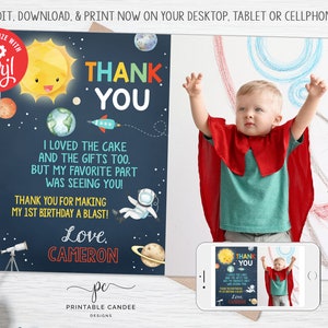 Editable Outer Space Birthday Thank you Rocket Astronaut Party Blast Off 1st Instant Download Printable Template Digital