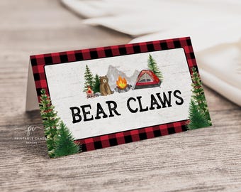 Camping Party Food Labels Template Bear Lumberjack Birthday Decor Printable BRPC