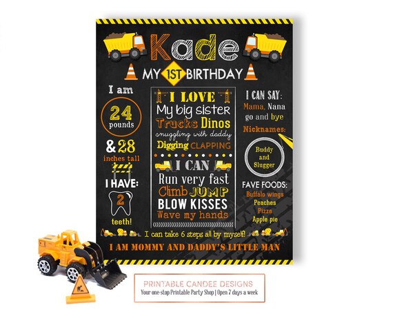 Under Construction Dump Truck Birthday Milestone Stats Chalkboard Party Decoration Prop 