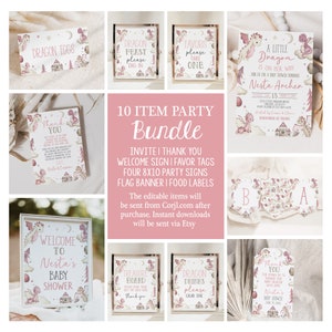 Editable Dragon Baby Shower Invitation Bundle Pink Dragons Theme Party Decor Supplies Girl Printable Package Template BGTPS