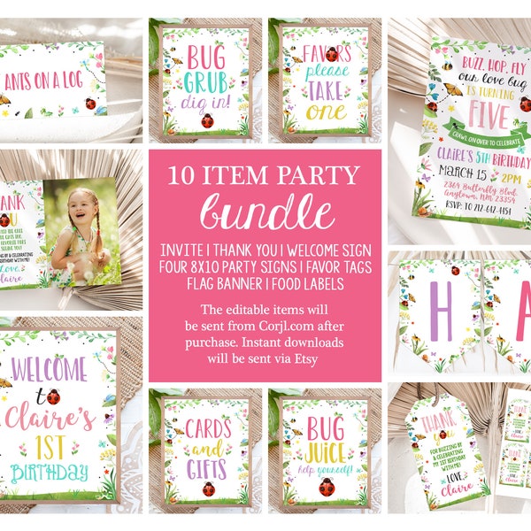 Editable Girl Bug Party Bundle Insect Theme Birthday Decor Pink LadyBug Butterfly Invite Signs Favors Printable Templates Instant Download