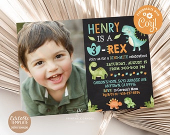 May include: A printable birthday invitation for a boy's 3rd birthday party. The invitation features a chalkboard background with a dinosaur theme. The text on the invitation reads "Henry is a 3-Rex. Join us for a Dino-mite celebration! Saturday, August 15 from 3:00-5:00 PM. Carson's Home, 5643 Jurassic Ave Anytown, CA 59446. RSVP: to Carson's Mom by 8/01 at 456-237-8934."
