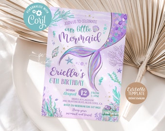 May include: A mermaid-themed birthday invitation with purple, teal, and gold accents. The invitation features the text "Join us to celebrate our little Mermaid" and "Eriella's 6th Birthday". Includes details for the party, such as date, time, and location.