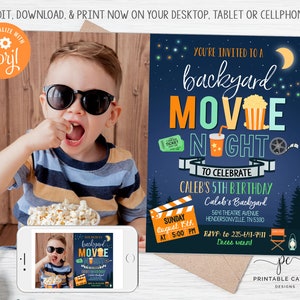 Backyard Movie Night Invitation Boy Outdoor Movie Birthday Party Under The Stars Party Editable Sleepover Invite Photo Instant Download