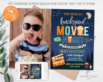 May include: A blue and green invitation for a backyard movie night to celebrate a child's 5th birthday. The invitation features a film reel, popcorn, a drink, and a camping chair. The text reads "You're invited to a backyard movie night to celebrate Caleb's 5th birthday".