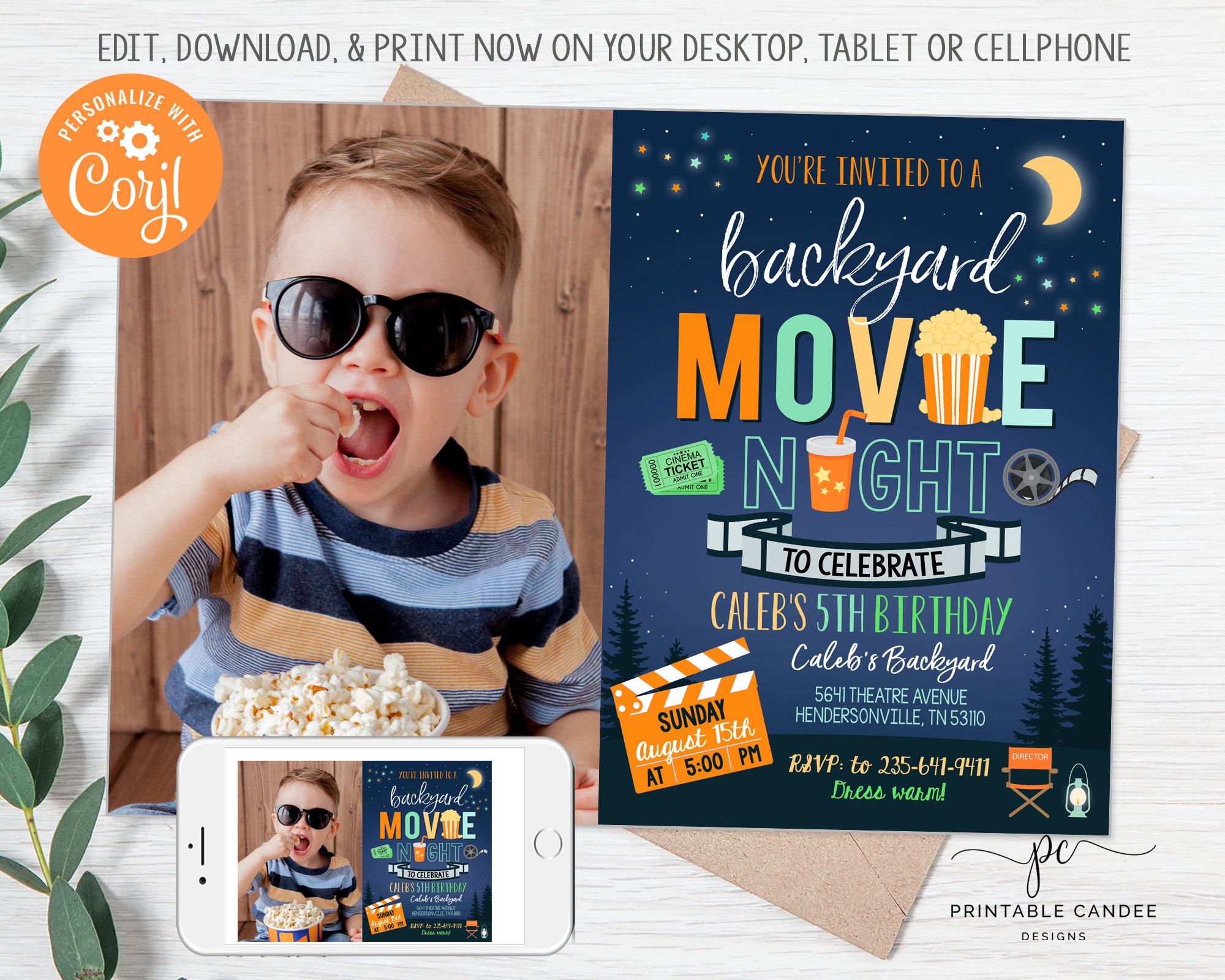 Backyard Movie Night Invitation Boy Outdoor Movie Birthday Party Under ...