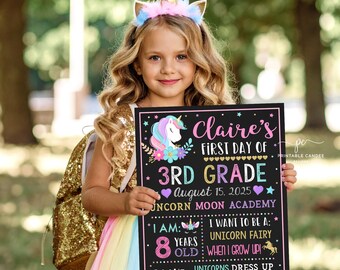 Letrero de unicornio editable para el primer día de clases, plantilla para niña, primer día de preescolar, letreros de regreso a clases, imprimibles para jardín de infantes.