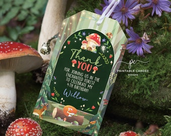 Editable Enchanted Forest Favor Tags Woodland Fairy Birthday Decor Mushroom Fox Favors Printable EFMT