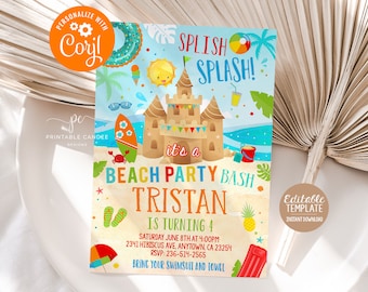 Beach Party Invitation Editable Summer Birthday Invite Template Surfing Icecream Theme Instant Download Printable File