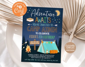 Camping Invitation Editable Birthday Invite Sleepover Party Outdoor Adventure Editable Instant Download