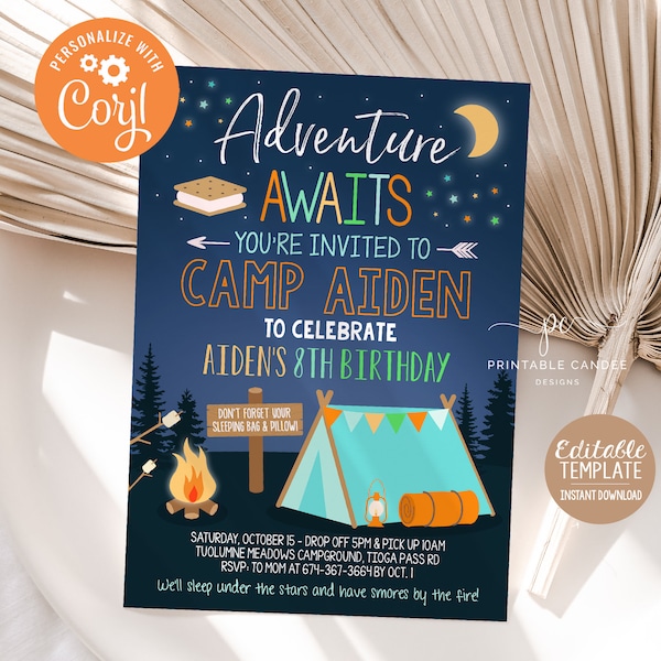 Camping Invitation Editable Birthday Invite Sleepover Party Outdoor Adventure Editable Instant Download