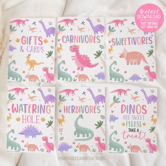 Pastel Dinosaur Party Signs Girl Dino Birthday Party Decor Table Food Favor Gift Signs Cute Dino Pink Printable DG24