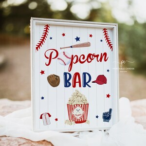 Letrero de palomitas de maíz para cumpleaños de béisbol, Novato del Año, Fiesta deportiva, Little Slugger, Decoración de mesa de comida imprimible NRBPT