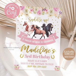 Girl Horse Birthday Invitation Cowgirl Party Invite Floral Gold Pink Theme Editable Template Printable Instant Download
