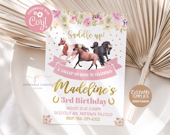 Girl Horse Birthday Invitation Cowgirl Party Invite Floral Gold Pink Theme Editable Template Printable Instant Download